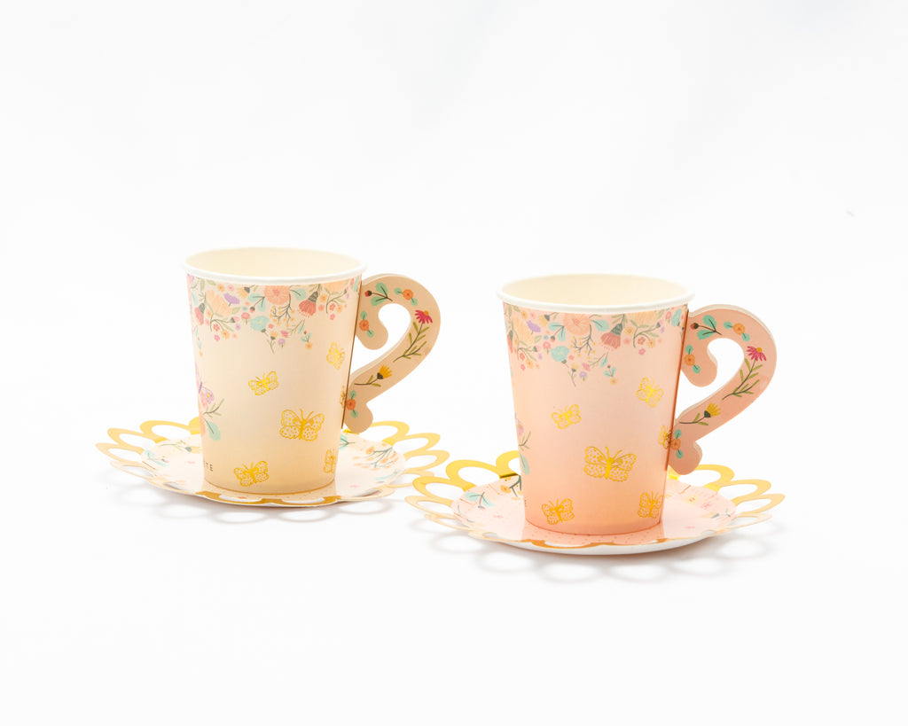 Butterfly Garden Tea Party Paper Teacups and Saucers, 9oz, 8ct